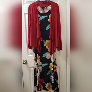 Attitudes by Renee PetiteComo Jersey Maxi Dress & Cardigan Tropical/Red, 1XP EUC